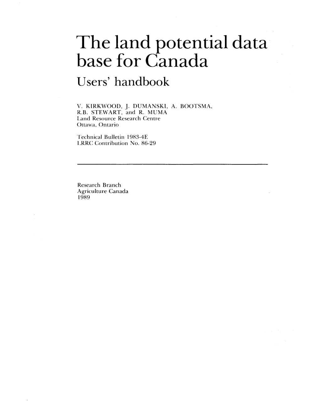 The Land Potential Data Base for Canada Users' Handbook V