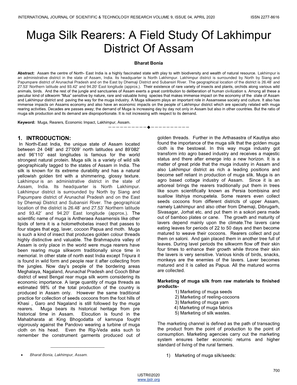 Muga Silk Rearers: a Field Study of Lakhimpur District of Assam