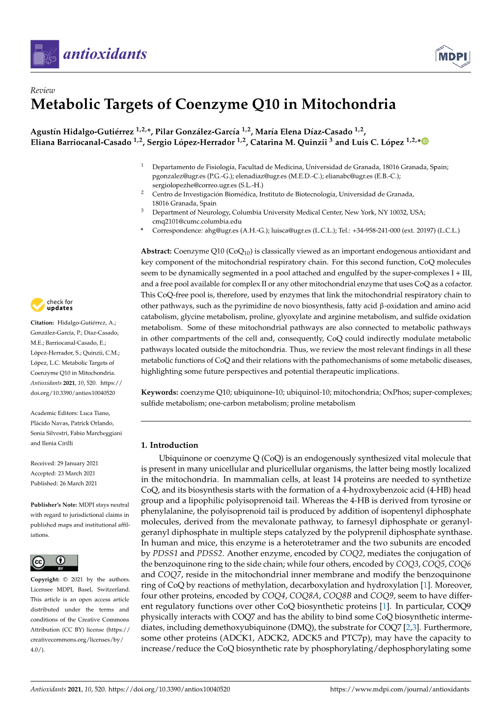 Metabolic Targets of Coenzyme Q10 in Mitochondria