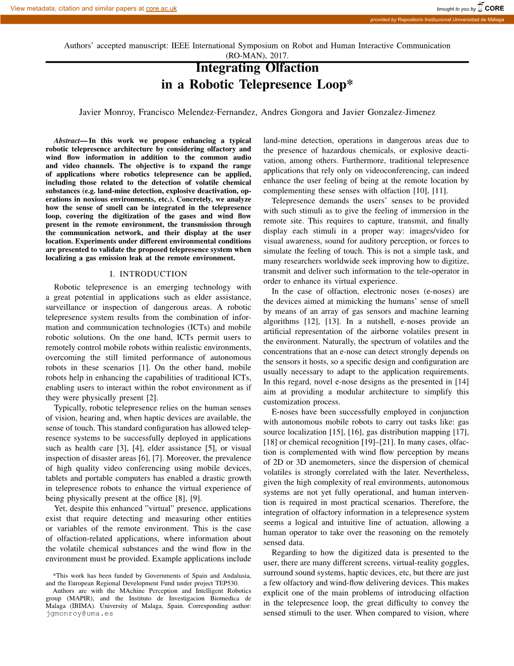 Integrating Olfaction in a Robotic Telepresence Loop*