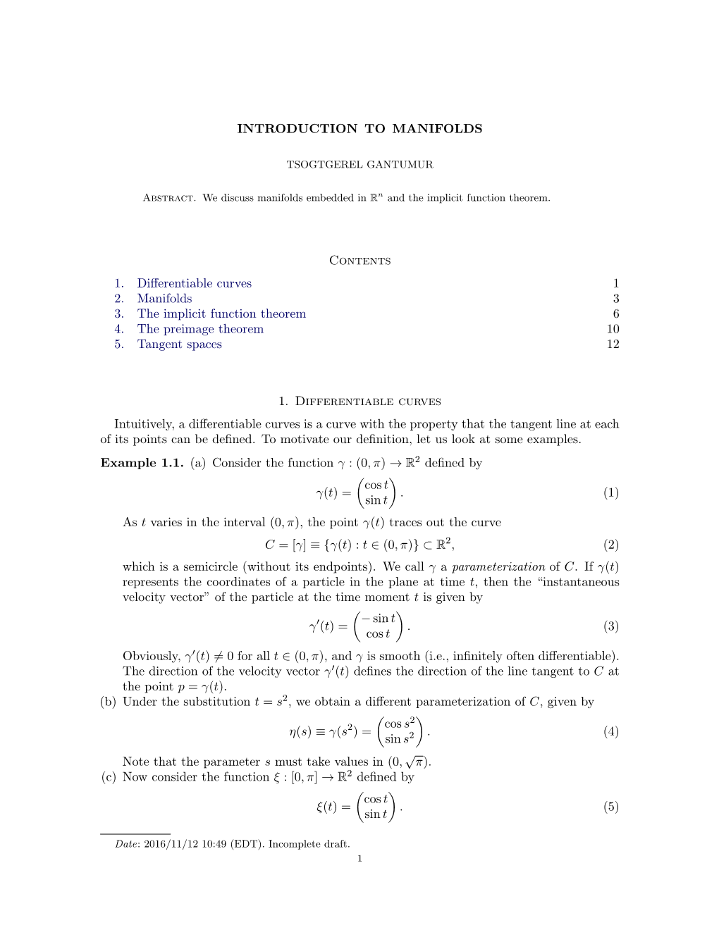 INTRODUCTION to MANIFOLDS Contents 1. Differentiable Curves 1