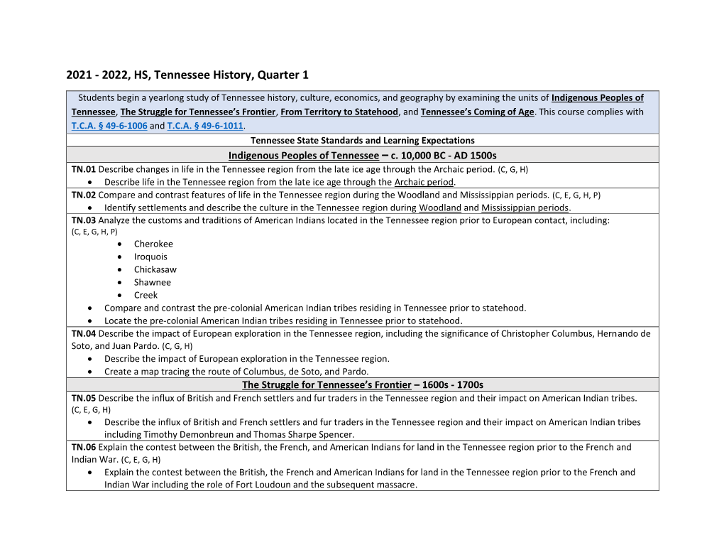 HS, Tennessee History, Quarter 1
