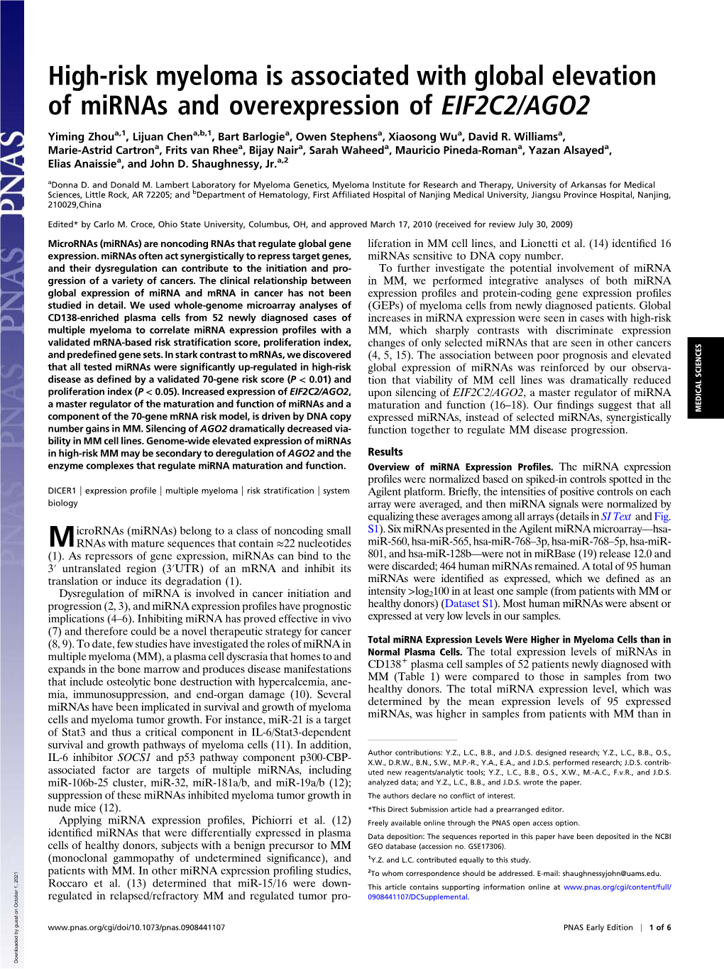 High-Risk Myeloma Is Associated with Global Elevation of Mirnas and Overexpression of EIF2C2/AGO2