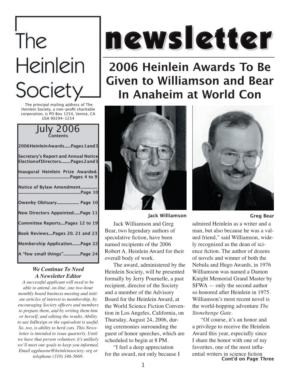 2006 Heinlein Awards to Be Given to Williamson and Bear in Anaheim At