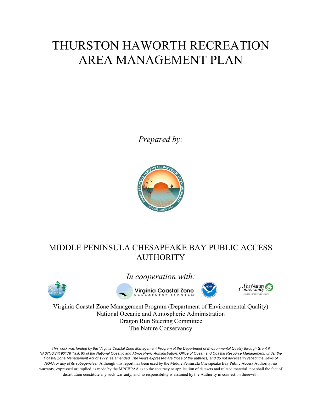 Thurston Haworth Recreation Area Management Plan