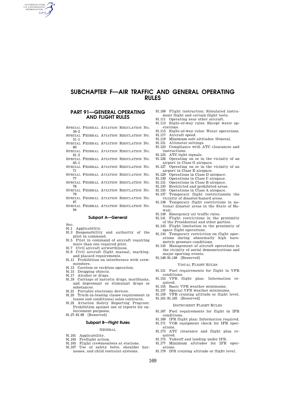 Subchapter F—Air Traffic and General Operating Rules