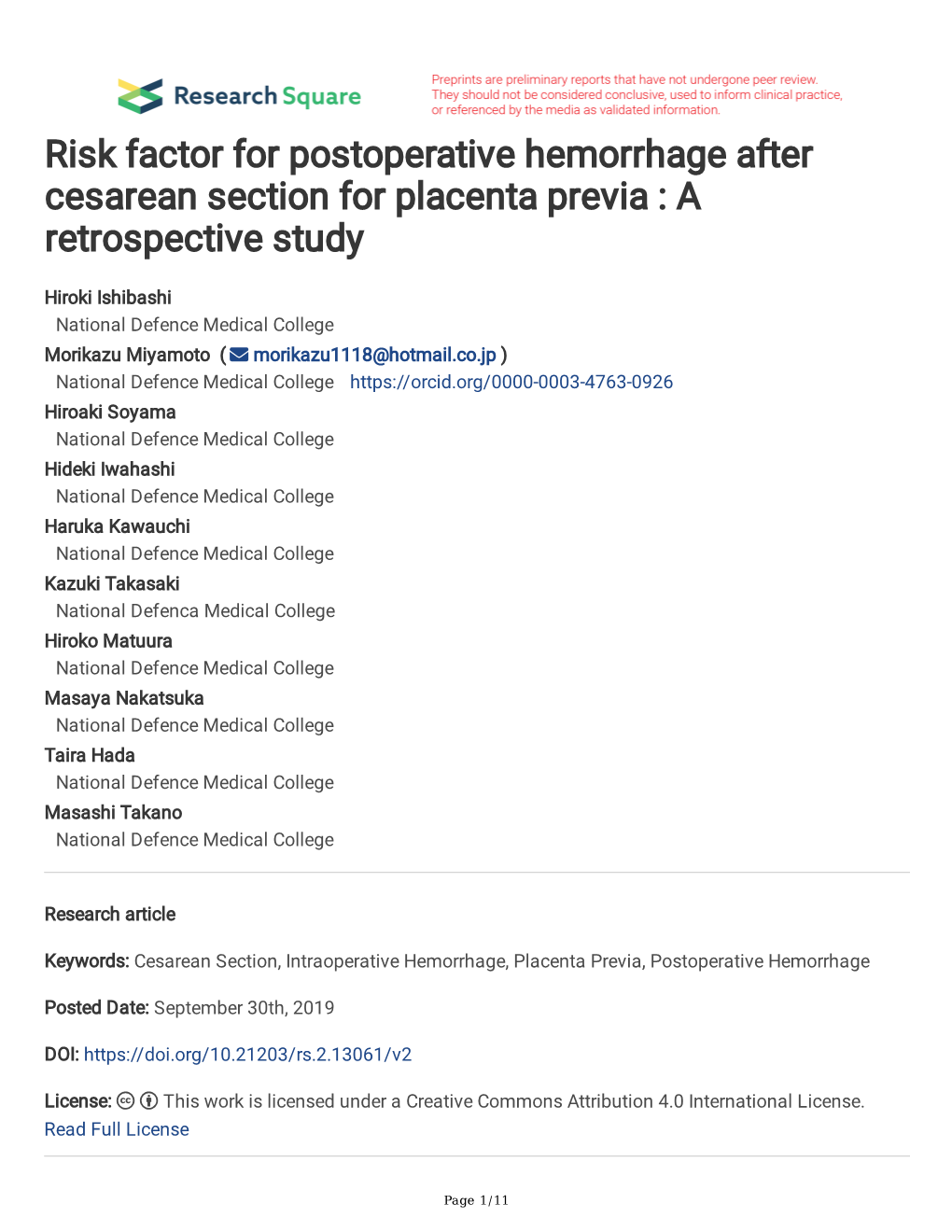 Risk Factor for Postoperative Hemorrhage After Cesarean Section for Placenta Previa : a Retrospective Study