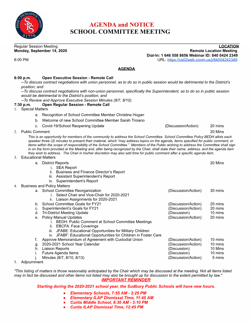 SPS SC Agenda Packet, September 14, 2020