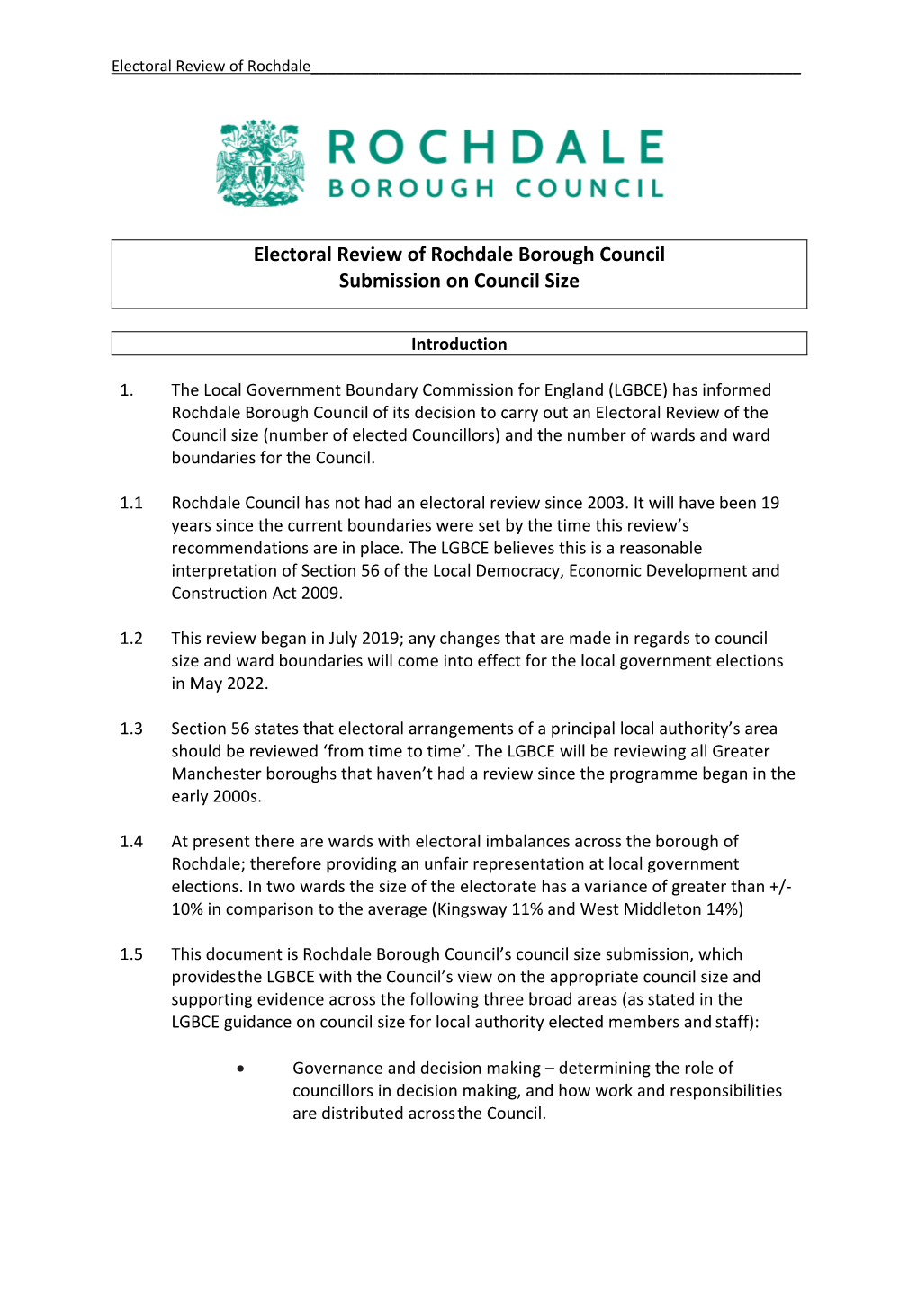 Electoral Review of Rochdale Borough Council Submission on Council Size