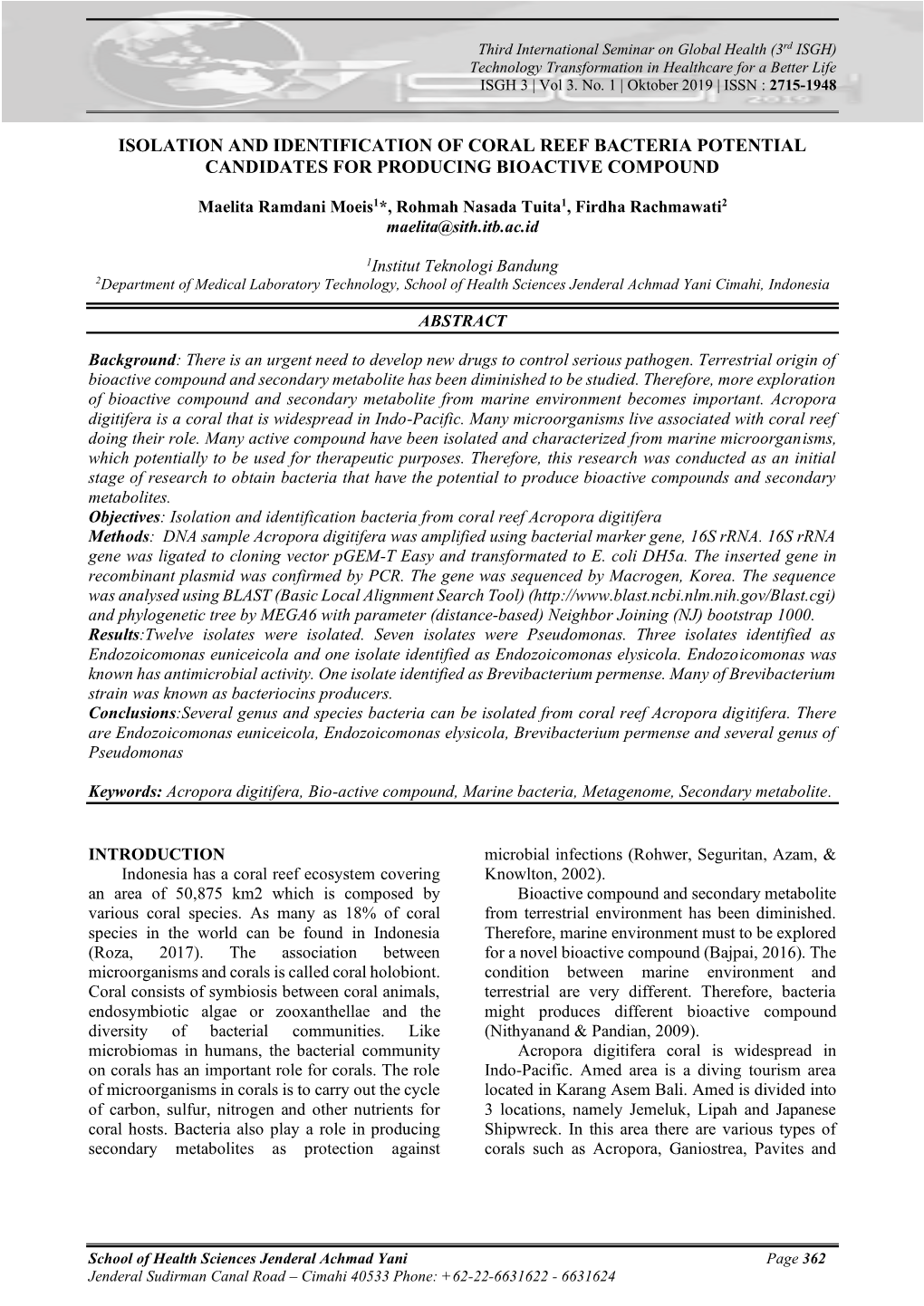 Isolation and Identification of Coral Reef Bacteria Potential Candidates for Producing Bioactive Compound