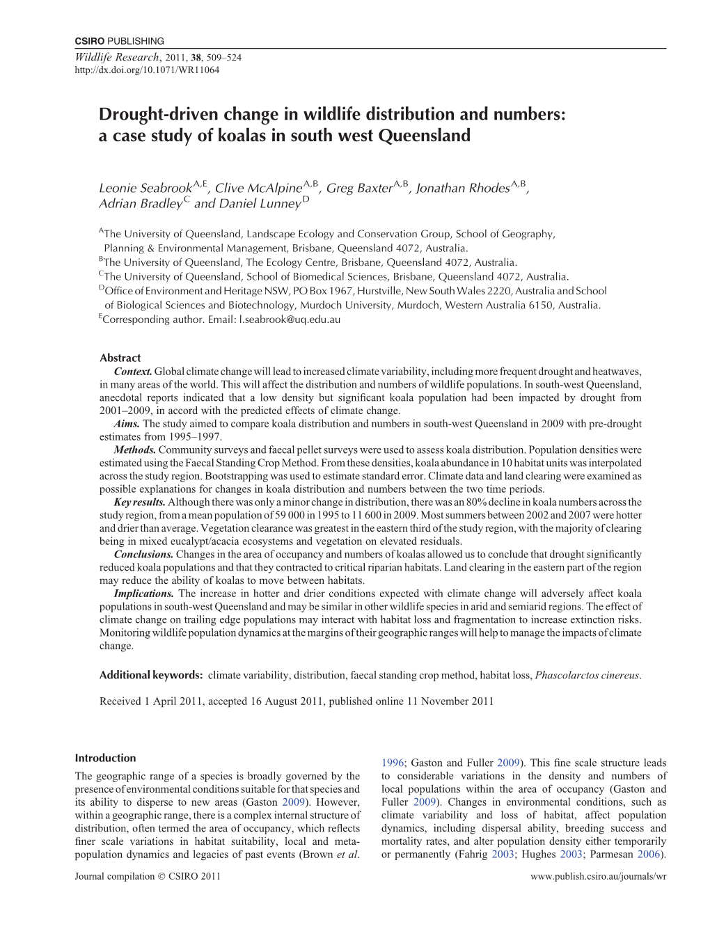 Drought-Driven Change in Wildlife Distribution and Numbers: a Case Study of Koalas in South West Queensland