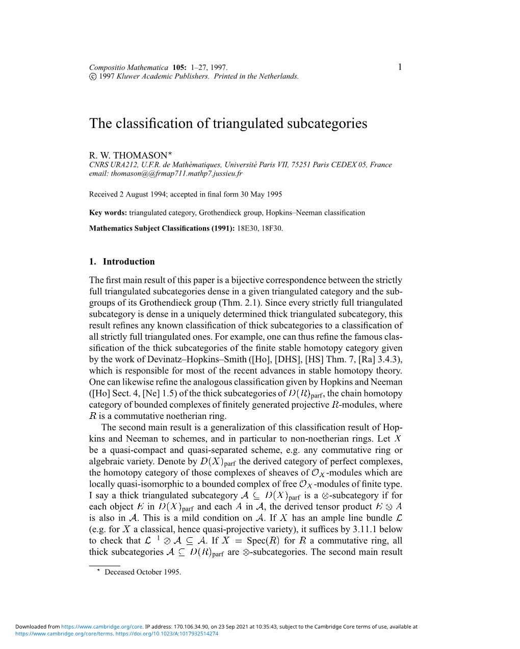 The Classification of Triangulated Subcategories 3