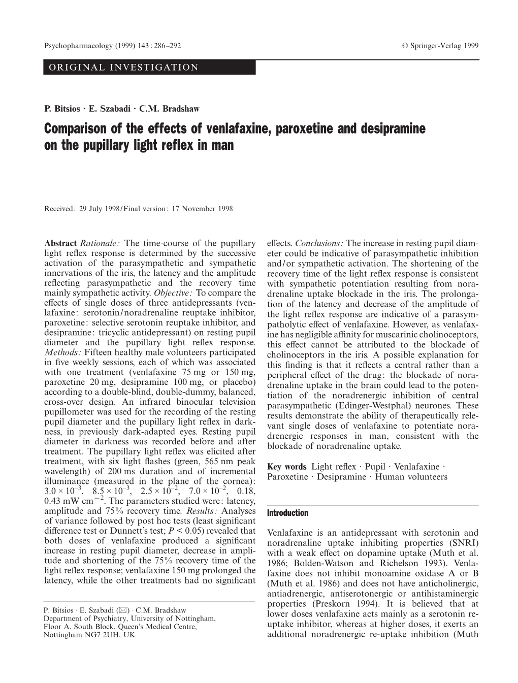 Comparison of the Effects of Venlafaxine, Paroxetine and Desipramine on the Pupillary Light Reflex in Man