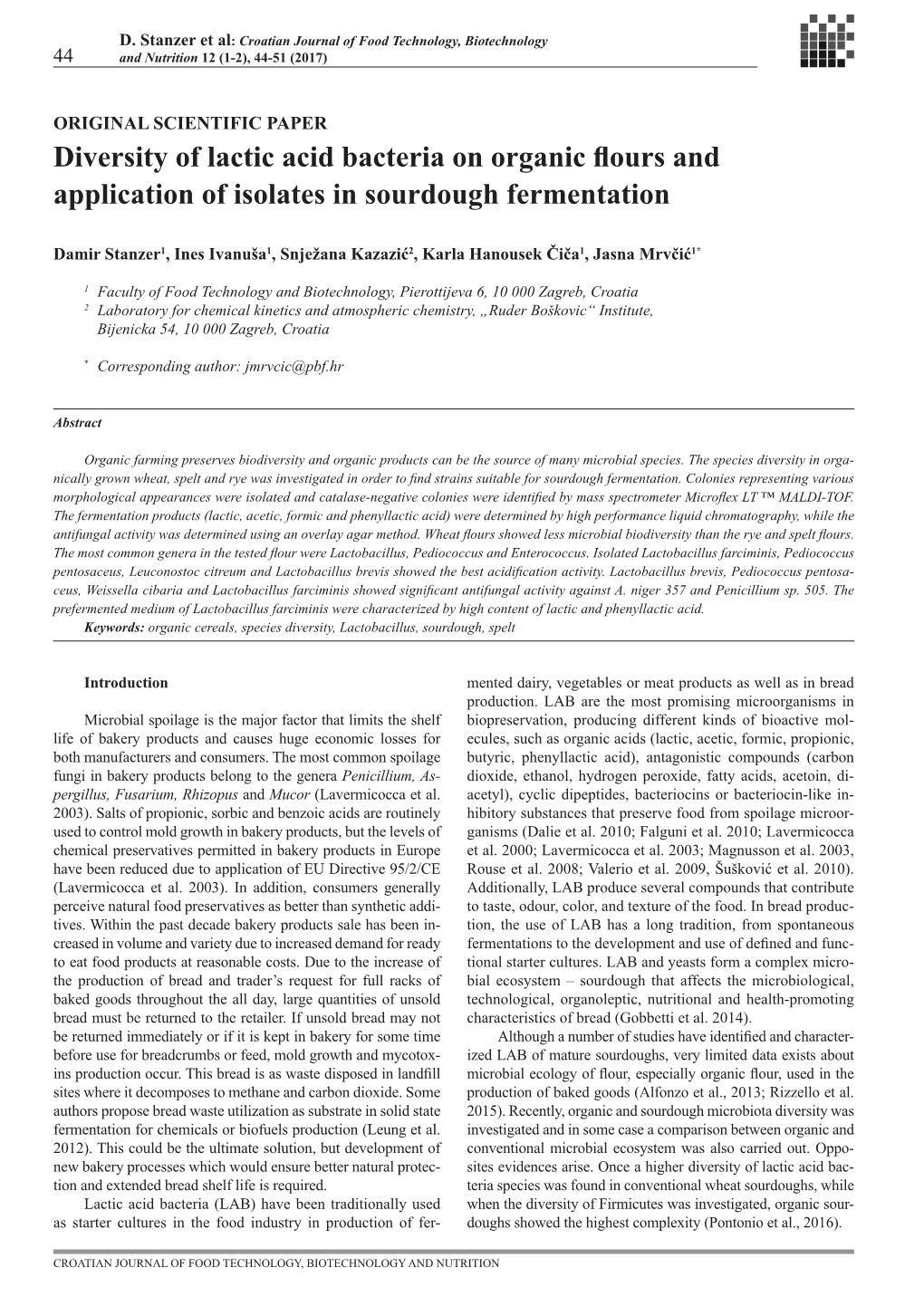 Diversity of Lactic Acid Bacteria on Organic Flours and Application of Isolates in Sourdough Fermentation