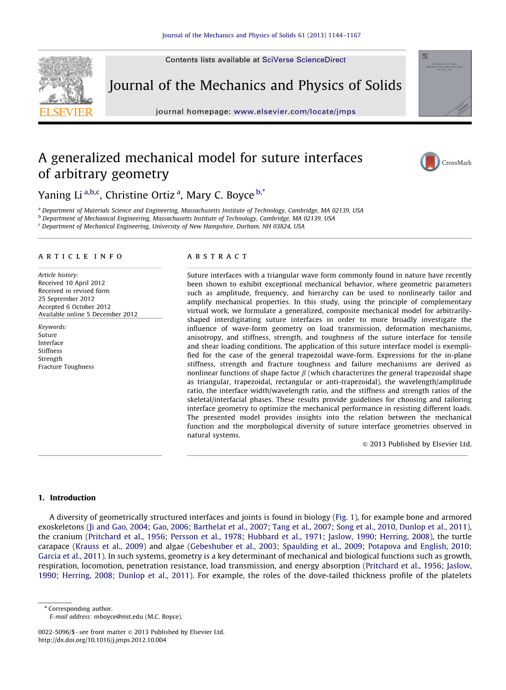 A Generalized Mechanical Model for Suture Interfaces of Arbitrary Geometry