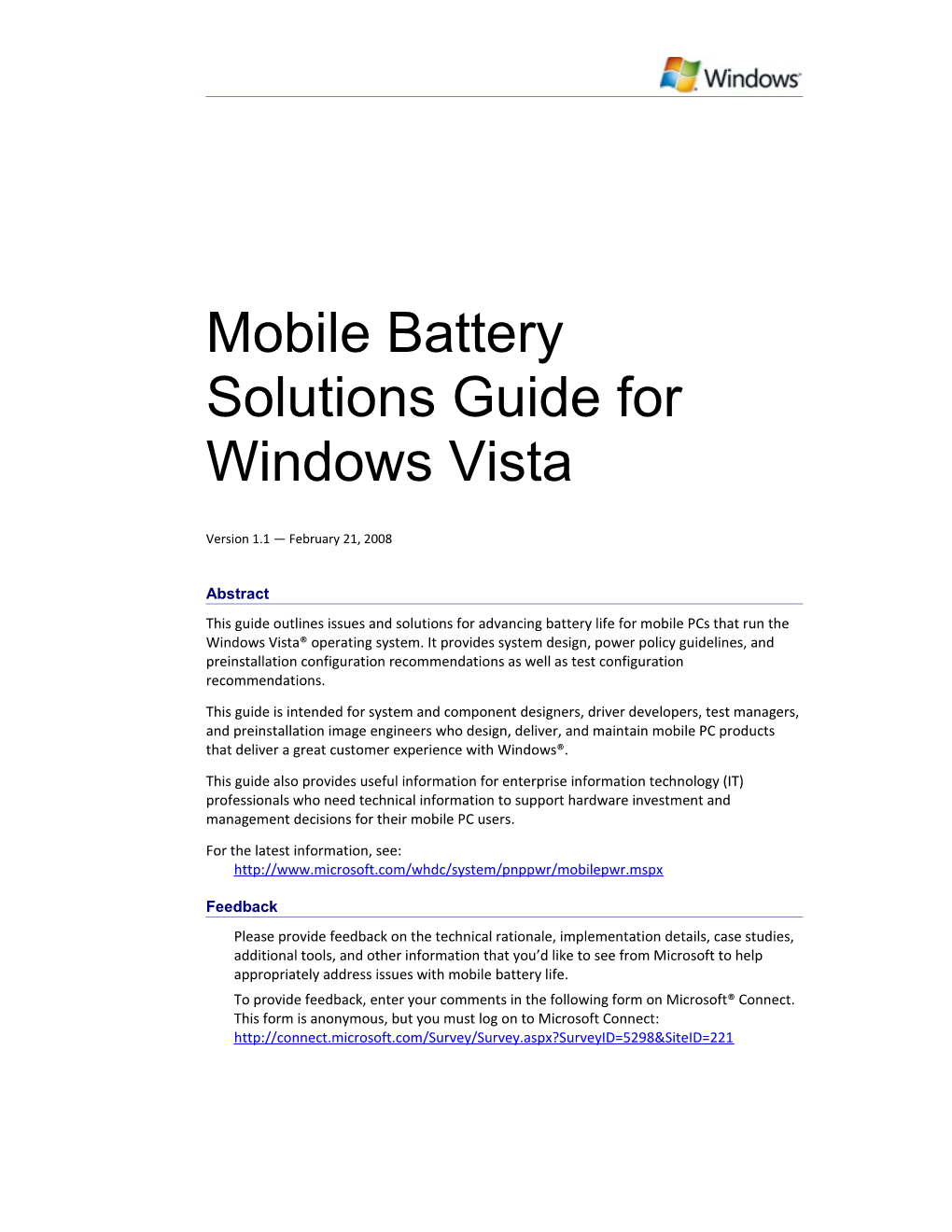 Mobile Battery Solutions Guide for Windows Vista