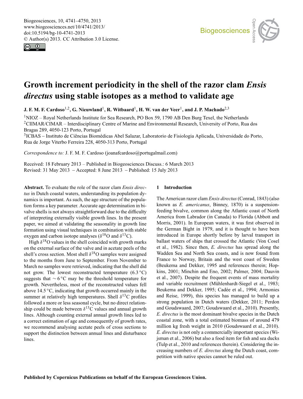 Growth Increment Periodicity in the Shell of the Razor Clam Ensis