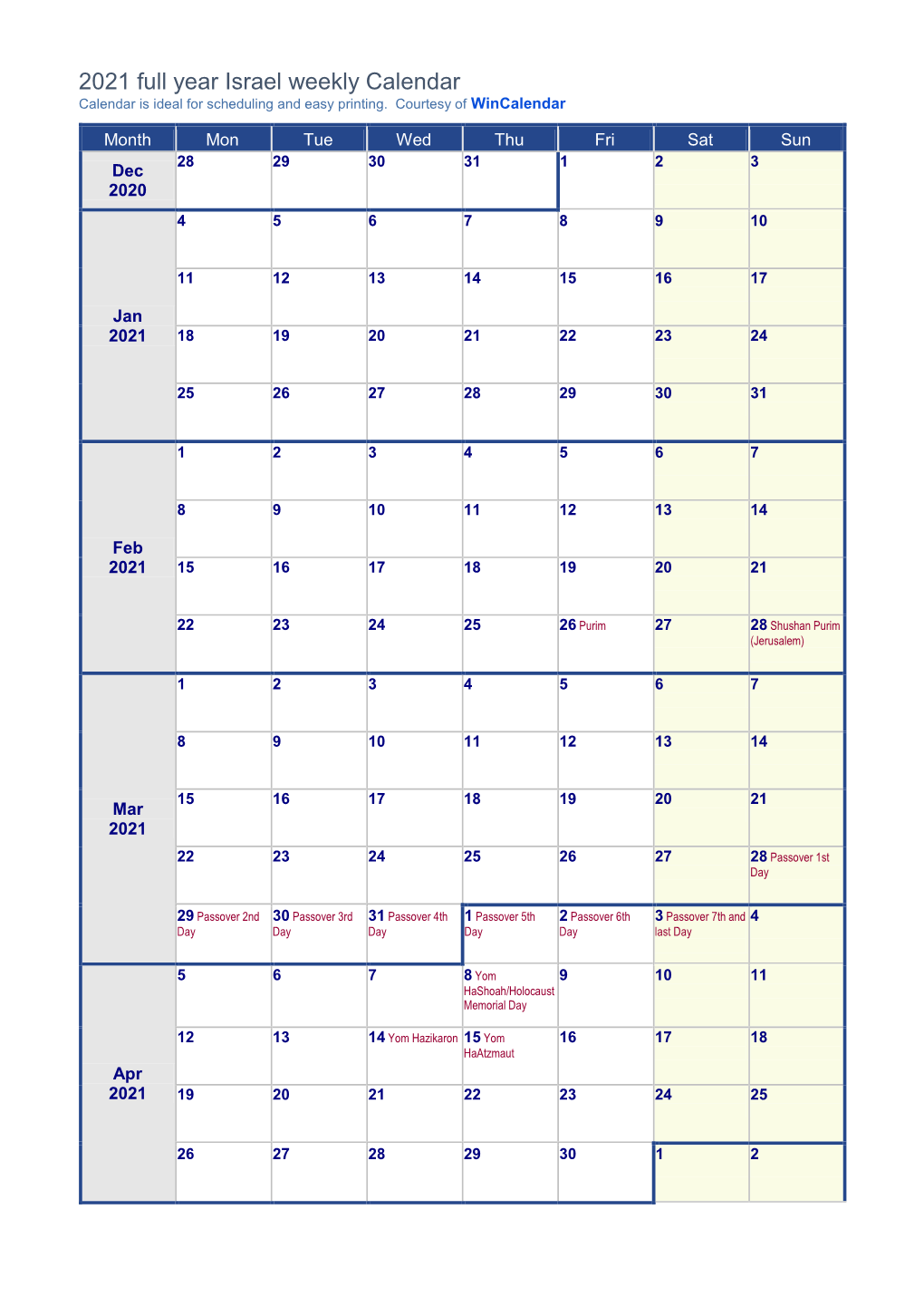 Israel 2021 Weekly Calendar