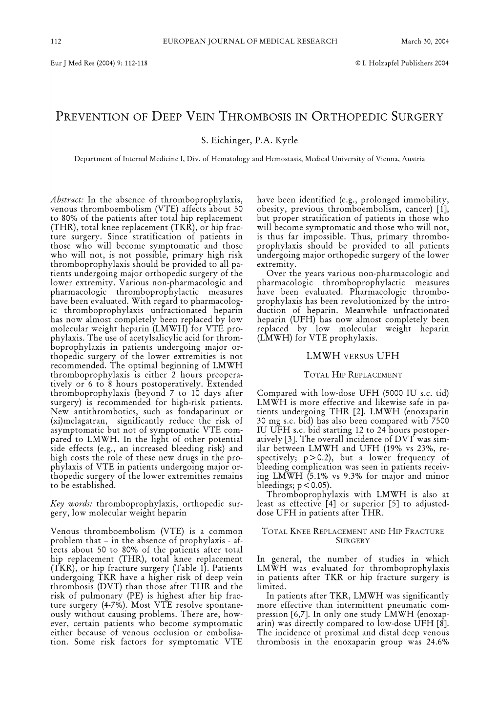 Prevention of Deep Vein Thrombosis in Orthopedic Surgery