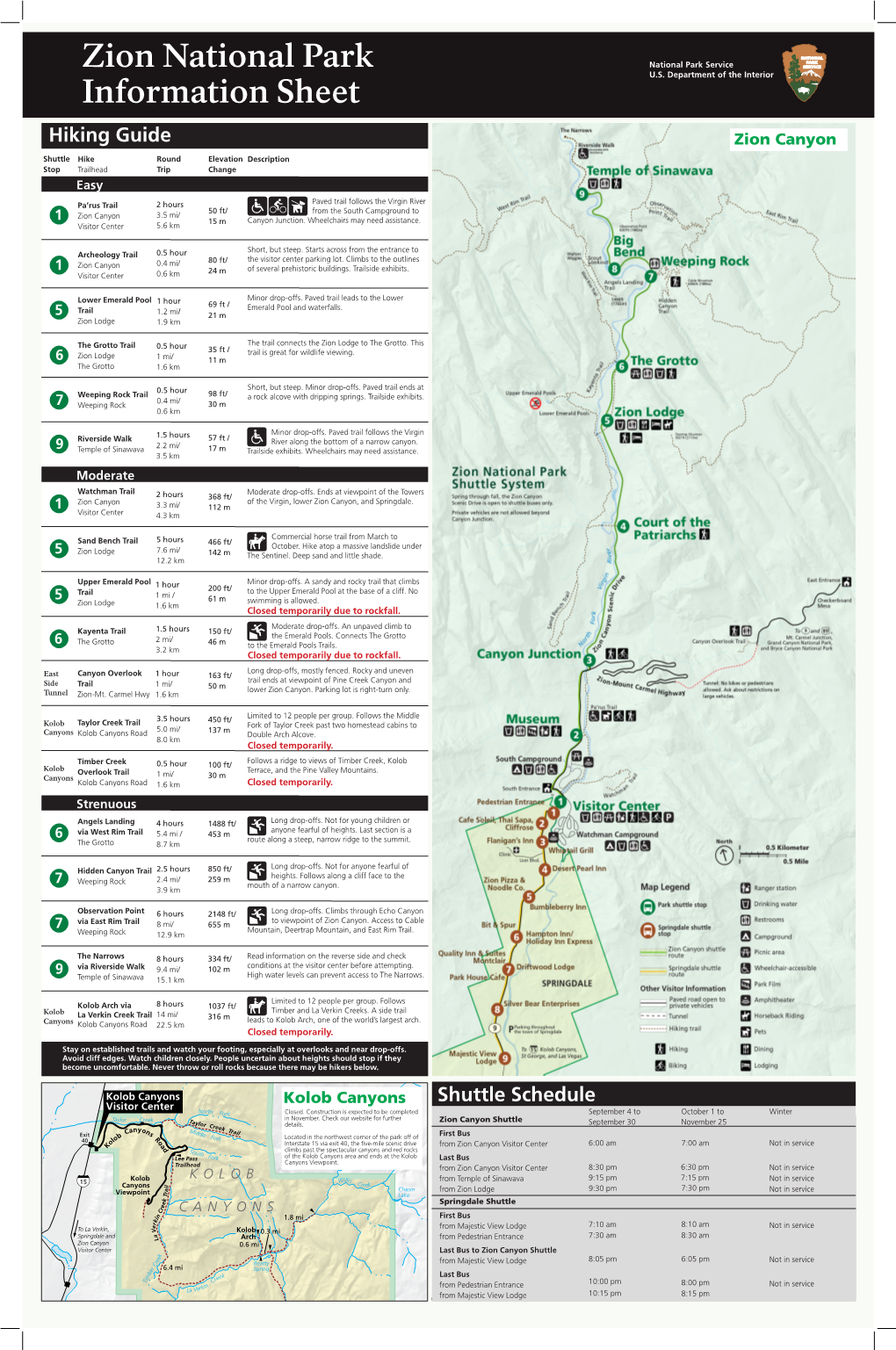 Zion National Park Information Sheet