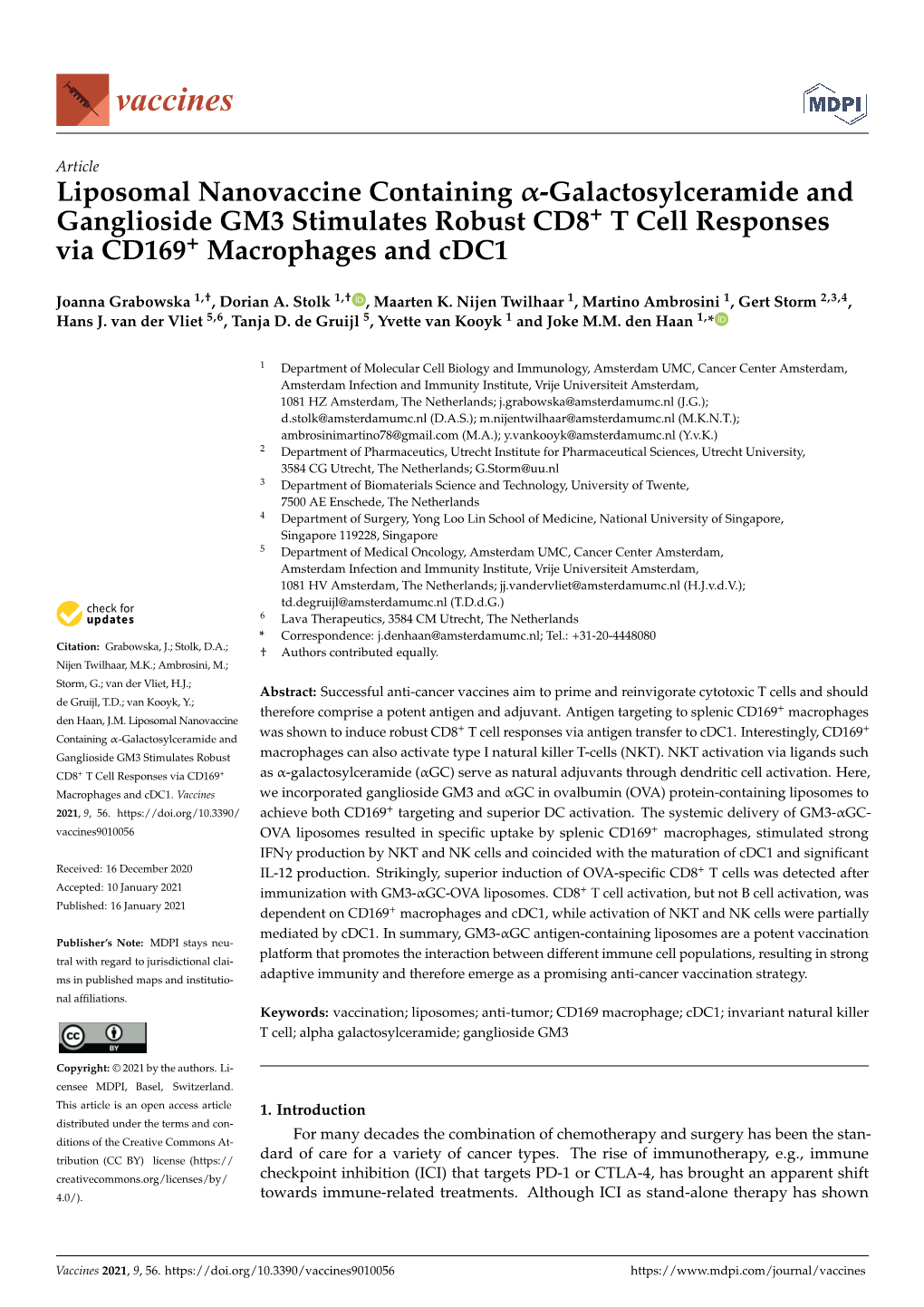 Liposomal Nanovaccine Containing Α-Galactosylceramide and Ganglioside GM3 Stimulates Robust CD8+ T Cell Responses Via CD169+ Macrophages and Cdc1