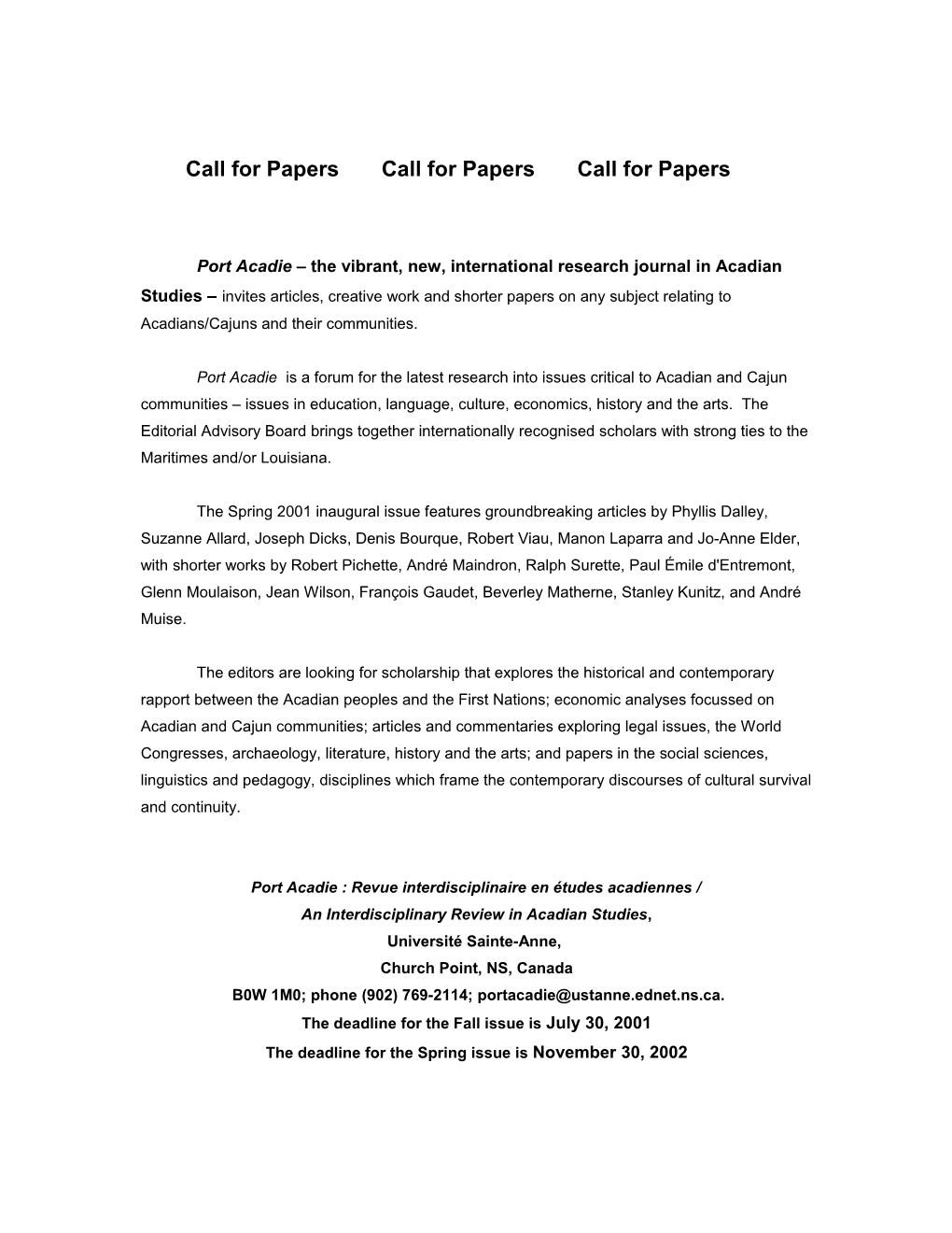 Call for Papers Call for Papers Call for Papers