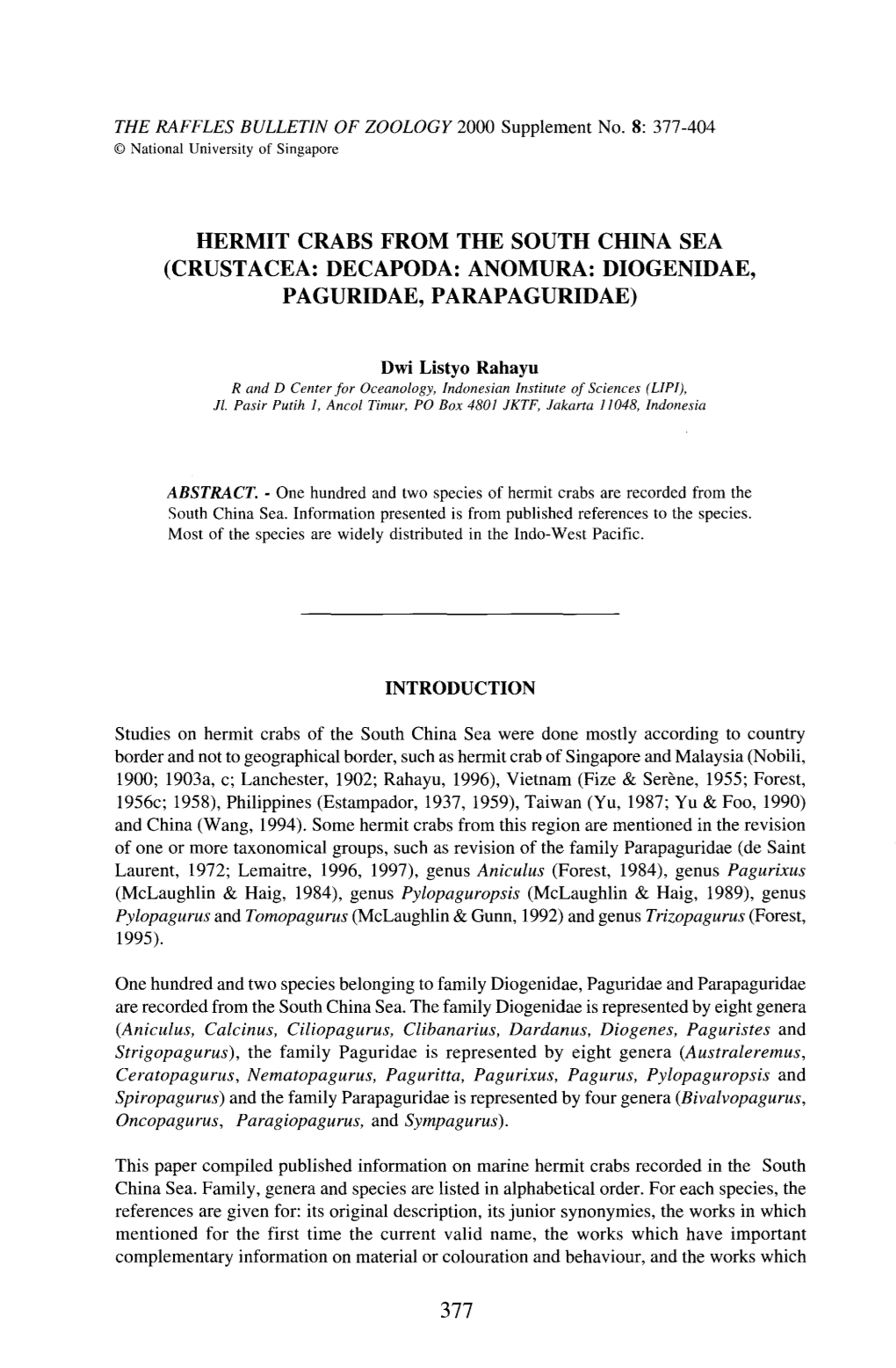 Hermit Crabs from the South China Sea (Crustacea: Decapoda: Anomura: Diogenidae, Paguridae, Parapaguridae)