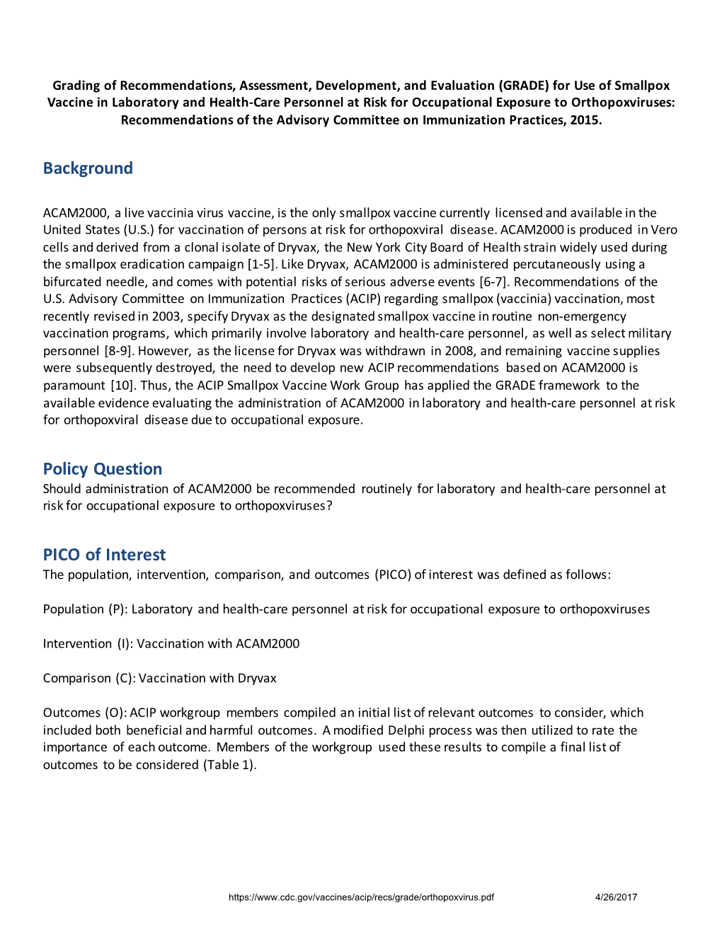 (GRADE) for Use of Smallpox Vaccine in Laboratory and Health