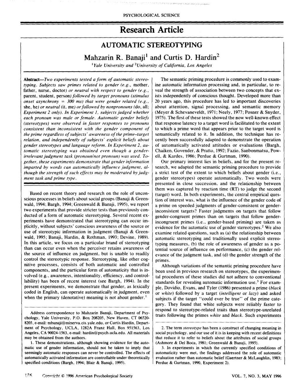 Research Article AUTOMATIC STEREOTYPING Mahzarin R
