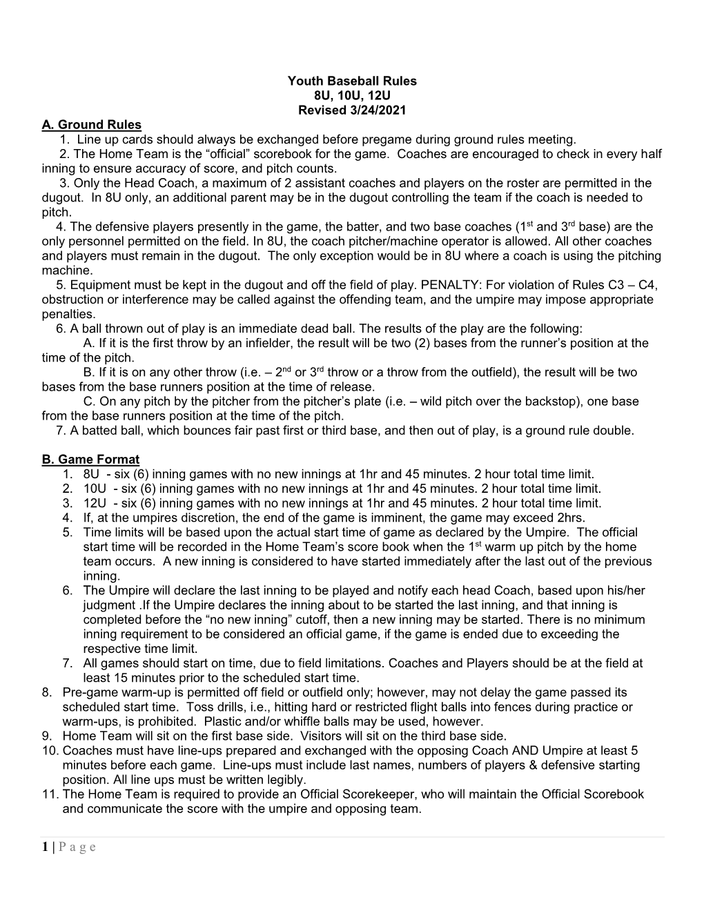 Youth Baseball Rules 8U, 10U, 12U Revised 3/24/2021 A