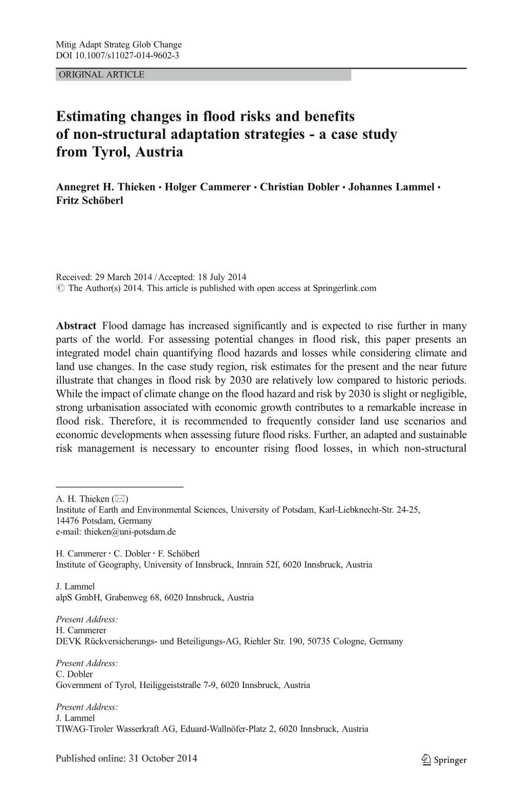 Estimating Changes in Flood Risks and Benefits of Non-Structural Adaptation Strategies - a Case Study from Tyrol, Austria