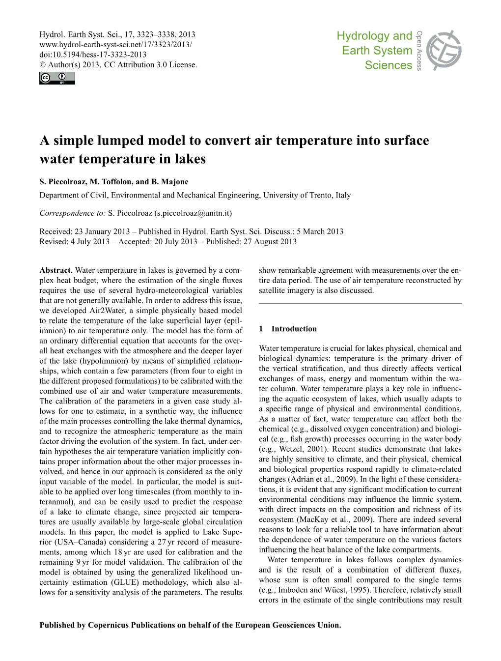 A Simple Lumped Model to Convert Air Temperature Into Surface Water