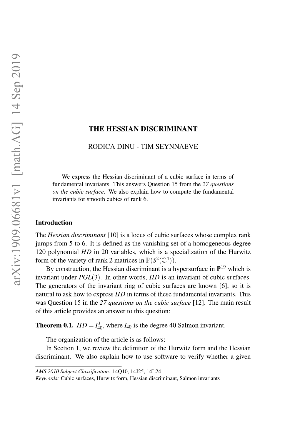 Arxiv:1909.06681V1 [Math.AG] 14 Sep 2019