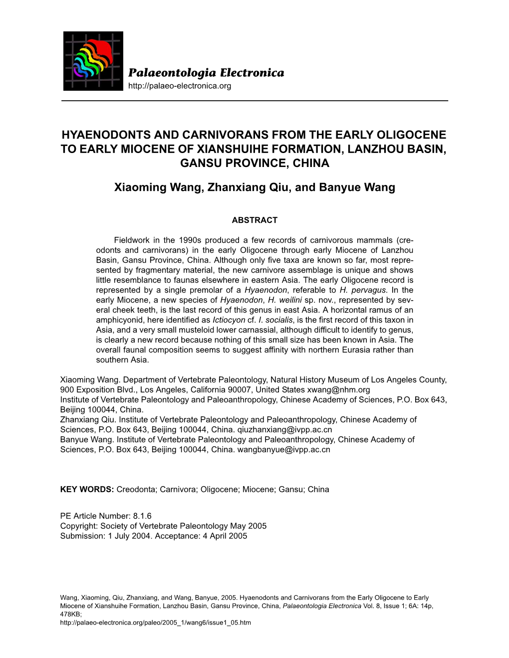 Hyaenodonts and Carnivorans from the Early Oligocene to Early Miocene of Xianshuihe Formation, Lanzhou Basin, Gansu Province, China