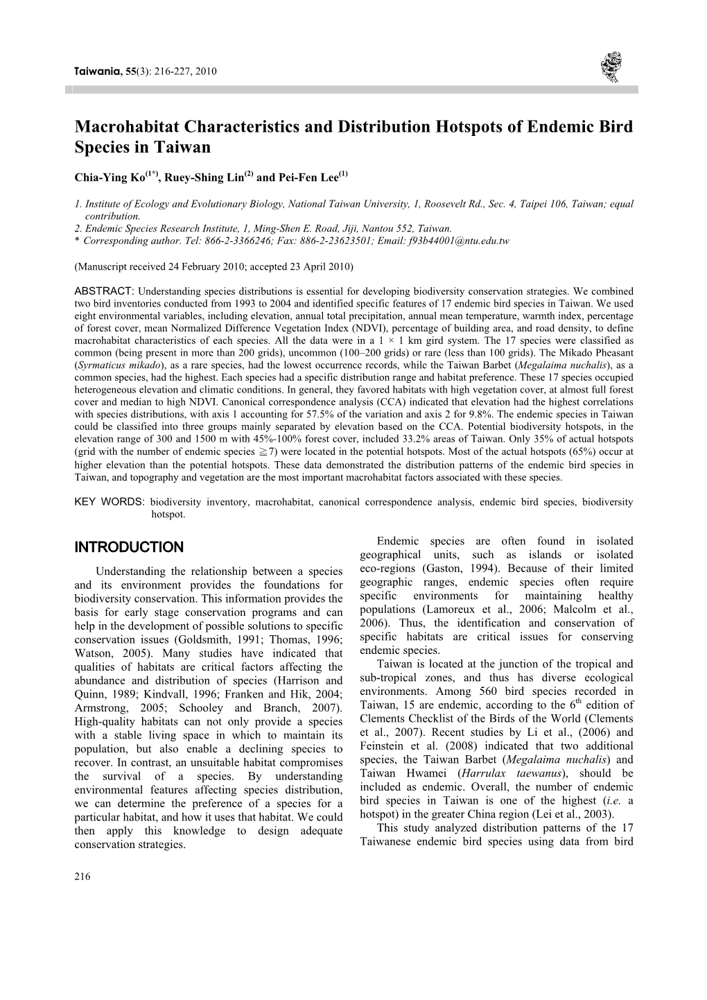 Macrohabitat Characteristics and Distribution Hotspots of Endemic Bird Species in Taiwan