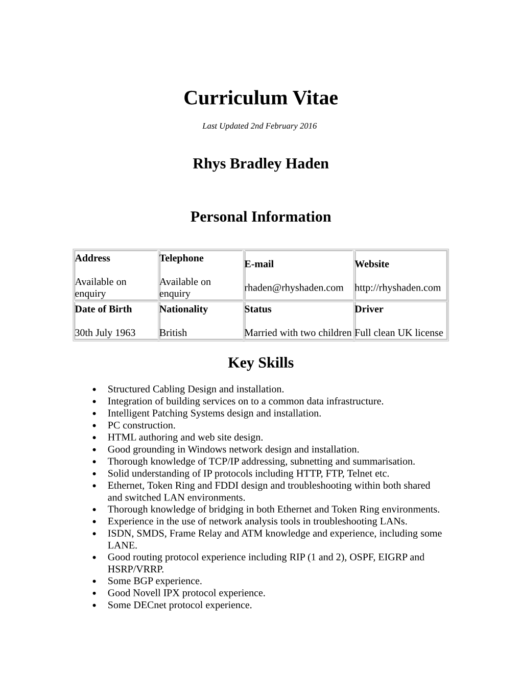 CV, Curriculum Vitae, Rhys Haden