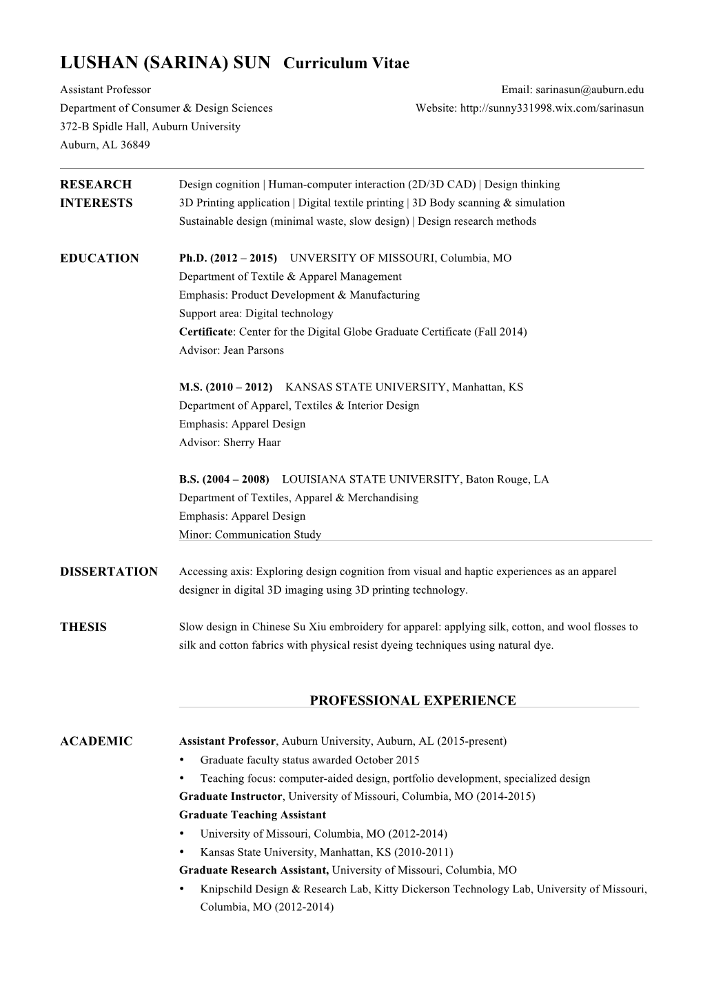 LUSHAN (SARINA) SUN Curriculum Vitae