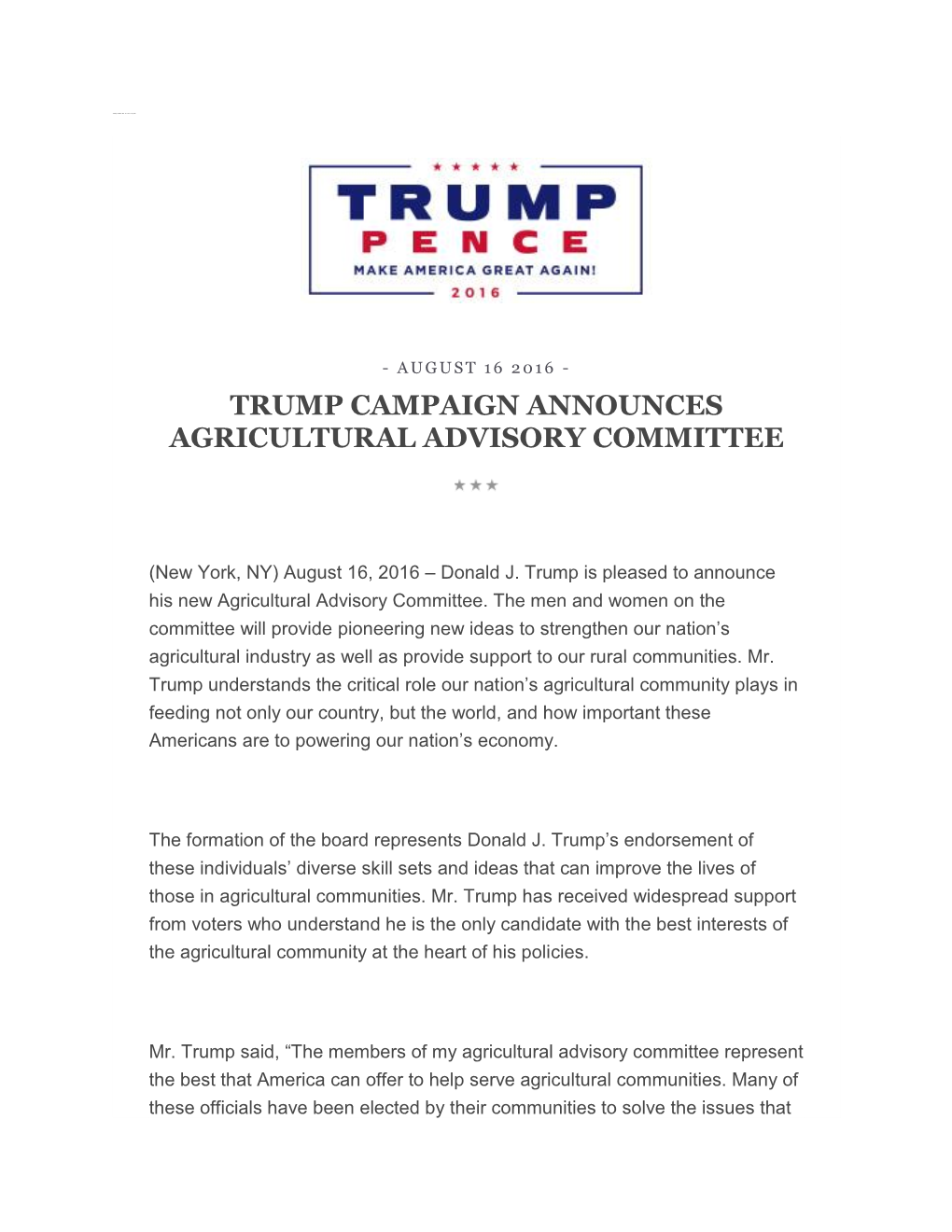 Trump Campaign Announces Agricultural Advisory Committee