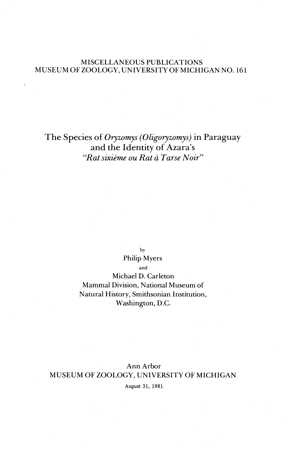 The Species of Oryzomys (Oligoryzomys) in Paraguay and the Identity of Azara's 