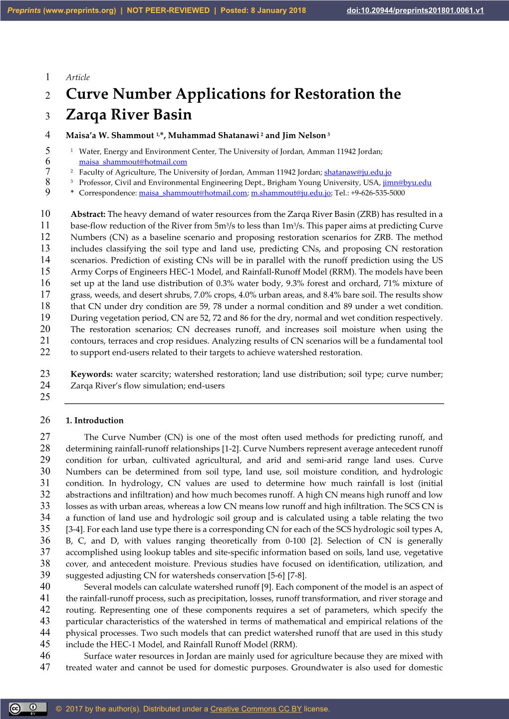 Curve Number Applications for Restoration the Zarqa River Basin