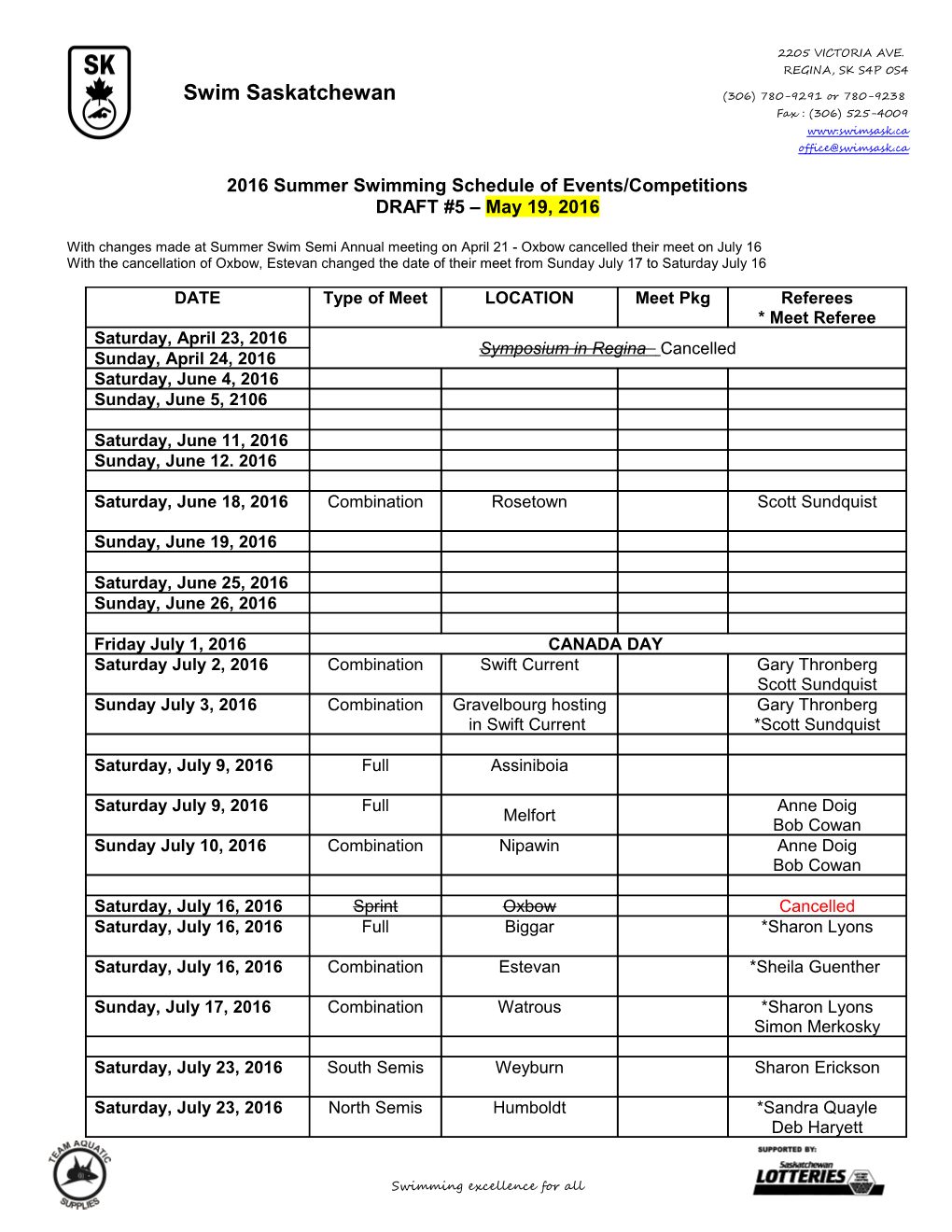 2016 Summer Swimming Schedule of Events/Competitions