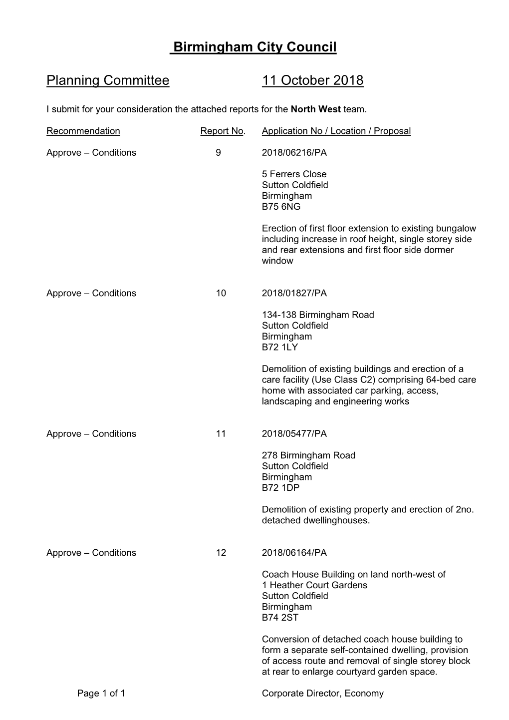 Birmingham City Council Planning Committee 11 October 2018