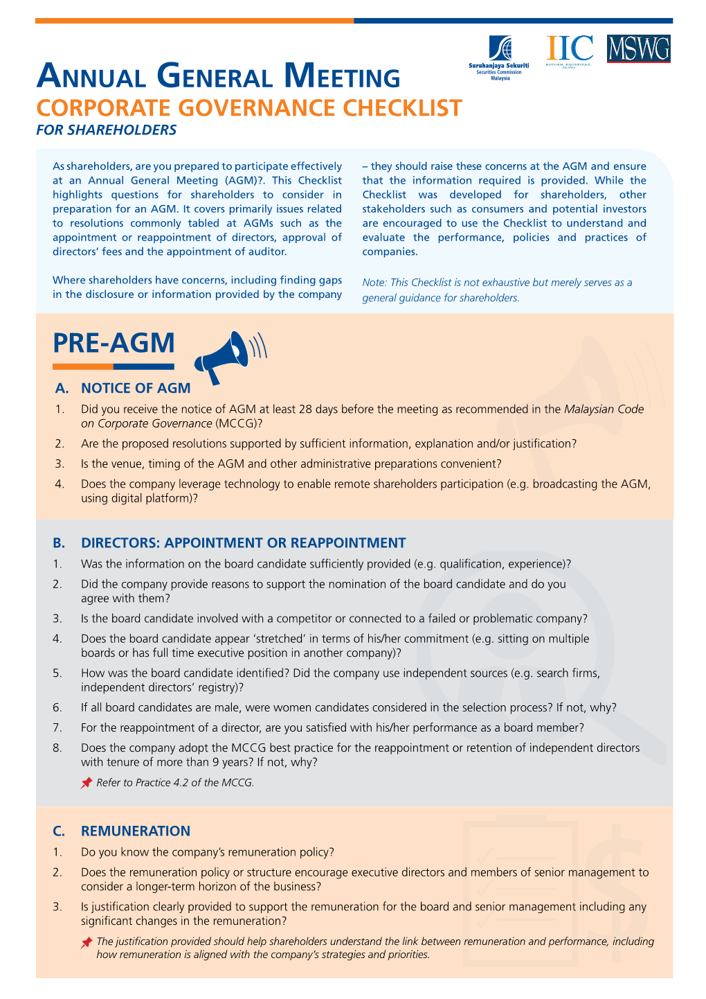 Annual General Meeting CORPORATE GOVERNANCE CHECKLIST for SHAREHOLDERS