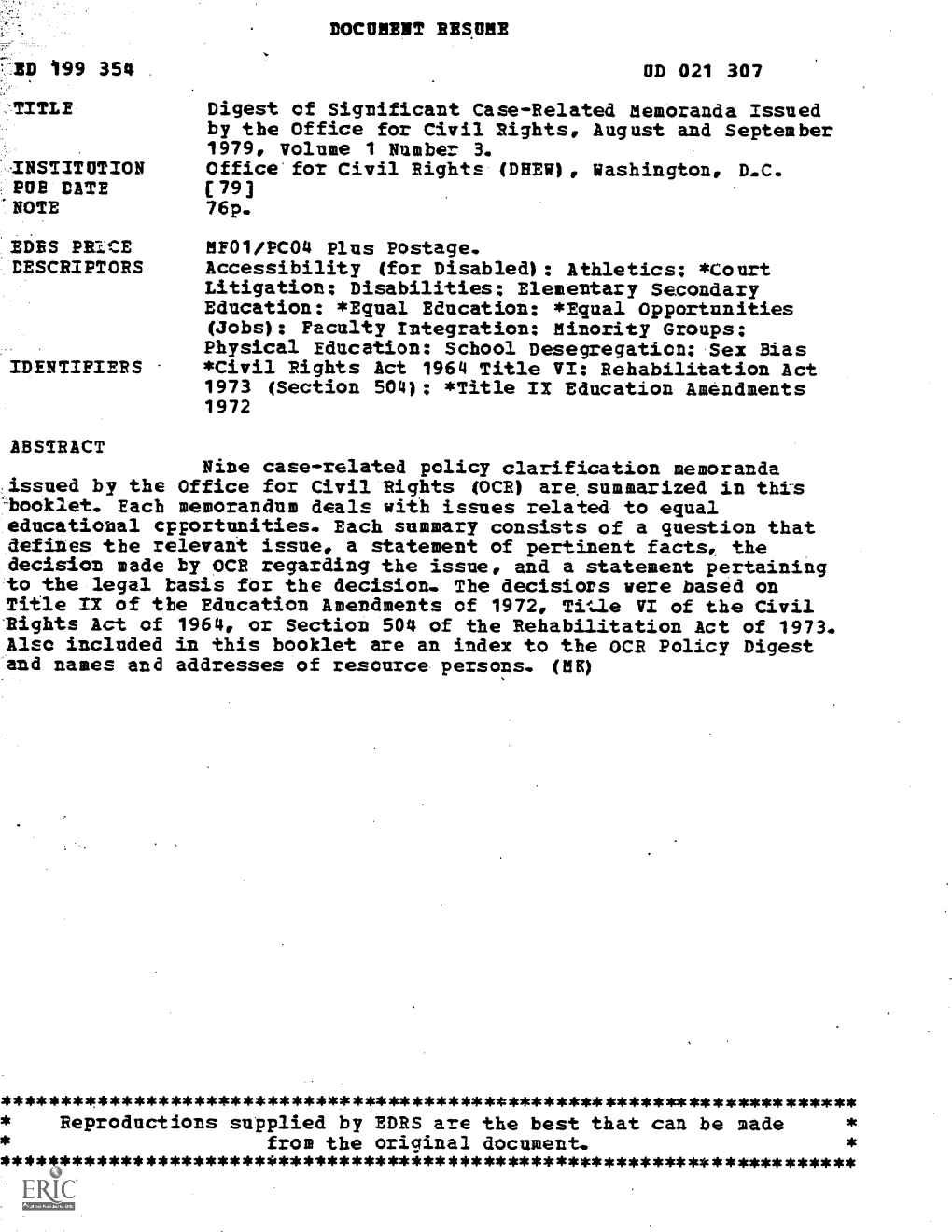 Digest of Significant Case-Related Memoranda Issued by the Office for Civil Rights, August and September 1979, Volume 1 Number 3