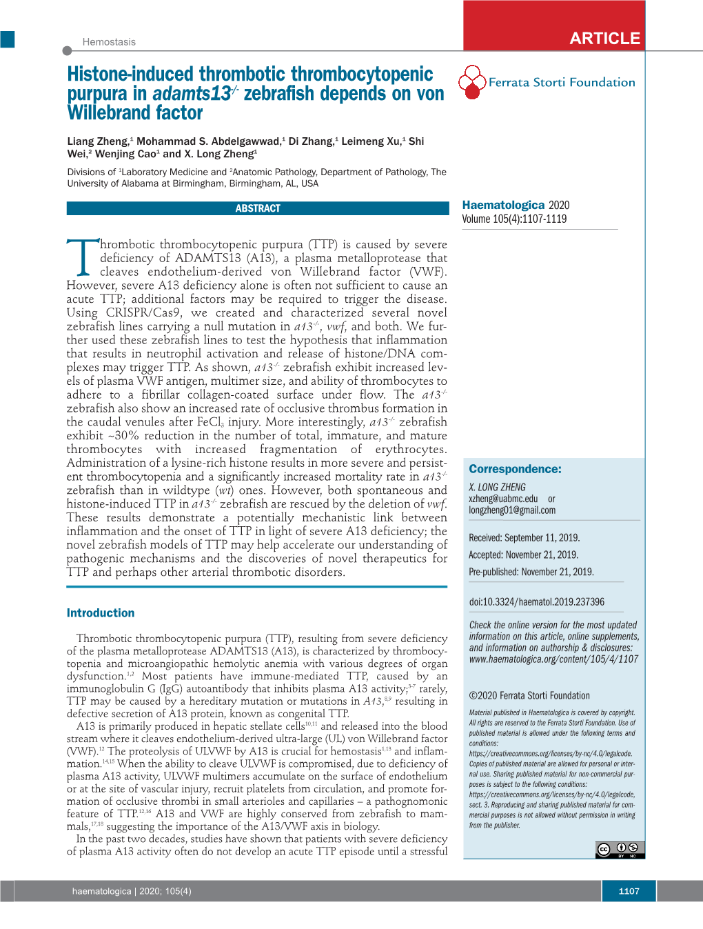 Zebrafish Depends on Von Willebrand Factor