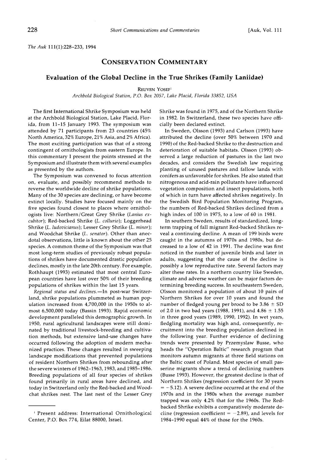 Evaluation of the Global Decline in the True Shrikes (Family Laniidae)