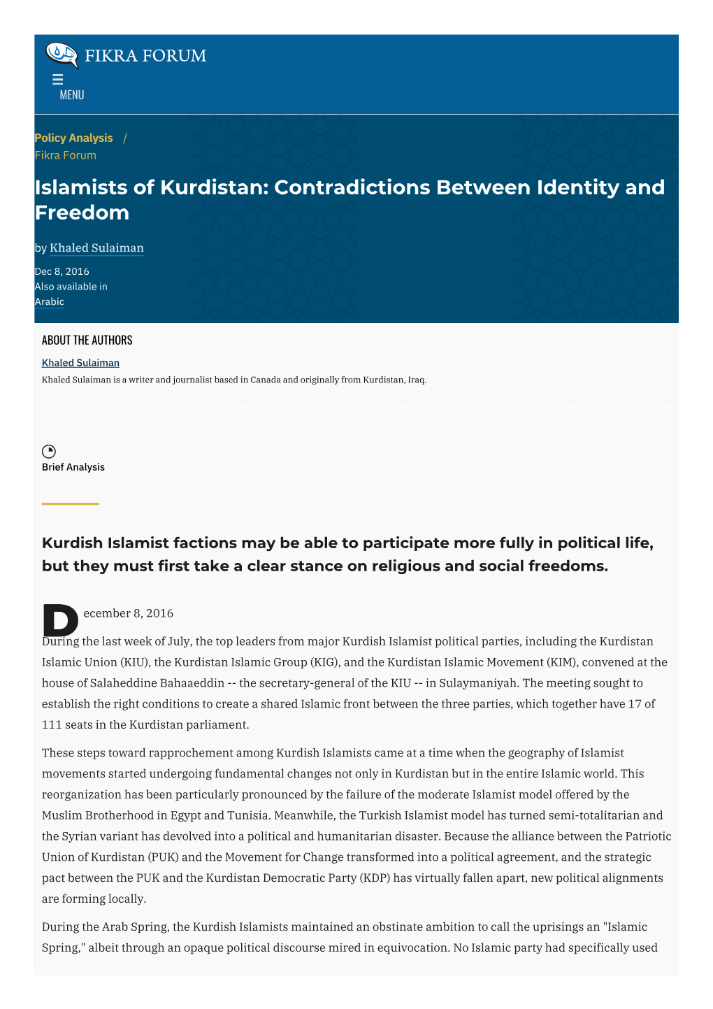 Islamists of Kurdistan: Contradictions Between Identity and Freedom by Khaled Sulaiman