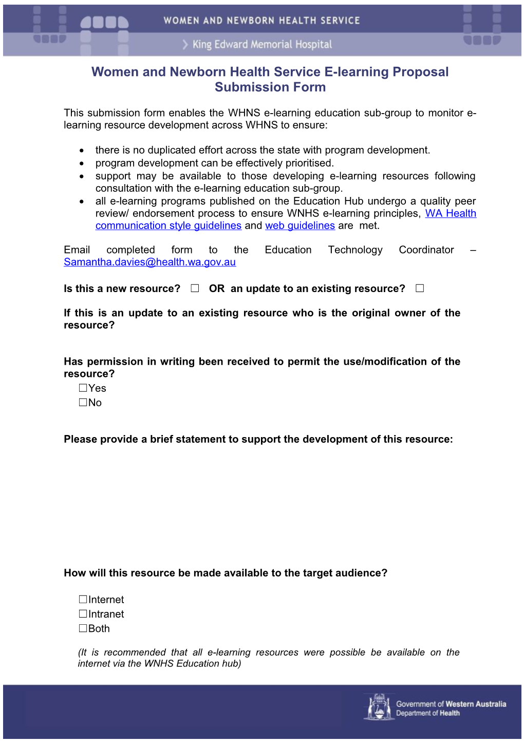 Women and Newborn Health Service E-Learning Proposal Submission Form