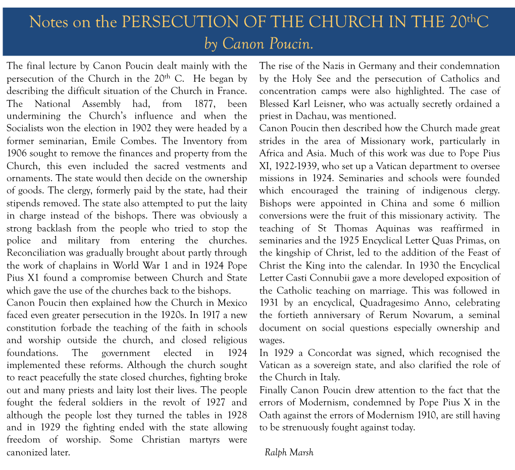 Notes on the PERSECUTION of the CHURCH in the 20Thc by Canon Poucin