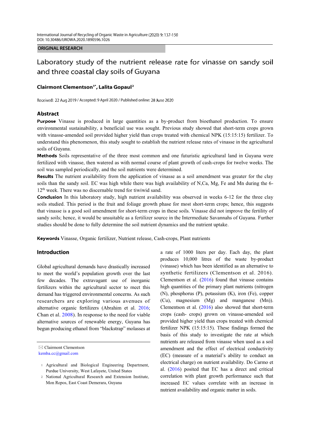 Laboratory Study of the Nutrient Release Rate for Vinasse on Sandy